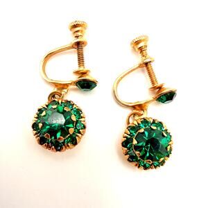 Vtg MCM Emerald Green Round Crystal Earrings Prong Set Dangle Drop Screw Back